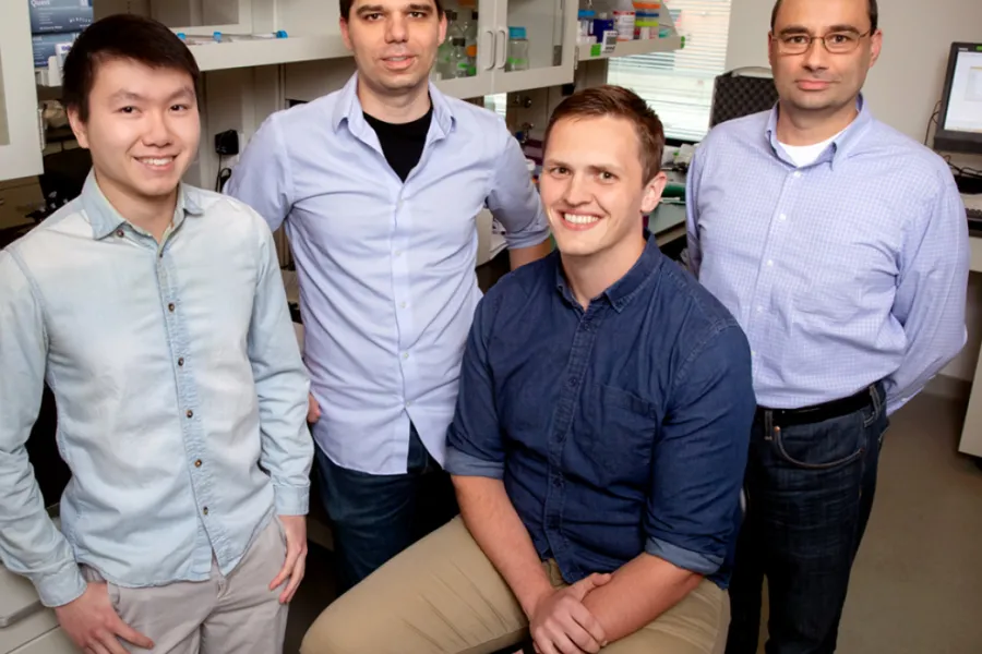 Illinois researchers pictured, from left: graduate student Colin Lim, professor Thomas Gaj, graduate student Michael Gapinske, professor Pablo Perez-Pinera. 