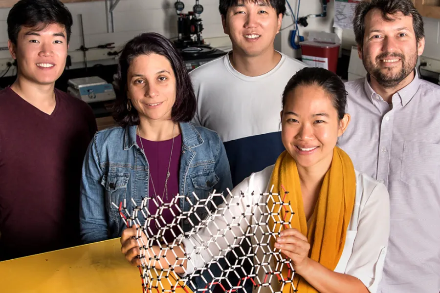 Graduate student Edmund Han, left, professor Elif Ertekin, graduate student Jaehyung Yu, professor Pinshane Y. Huang, front, and professor Arend M. van der Zande have determined how much energy it takes to bend multilayer graphene – a question that has long eluded scientists. 