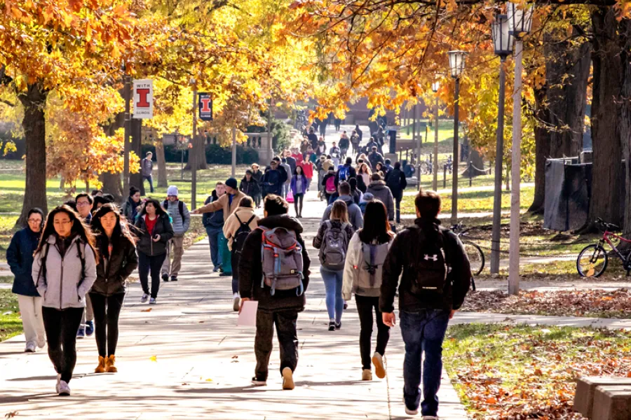 Students walk on the quad. 