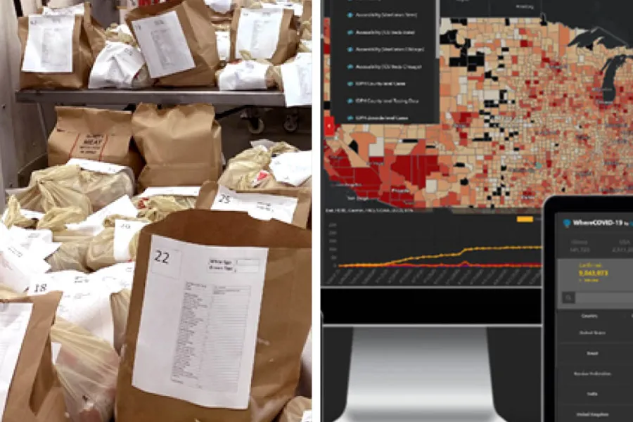 On the left are bags of food ready for pick up at the Illinois Meat Science Laboratory. On the right a detail of WhereCOVID-19 platform.