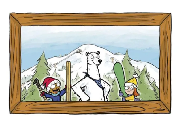 illustration from children's book showing polar bear and two skiers