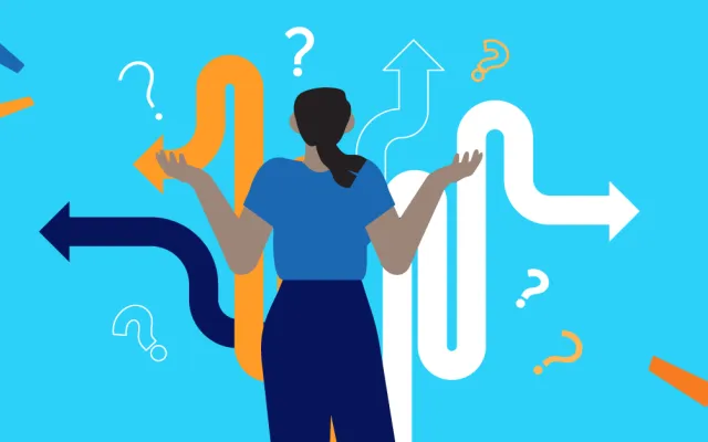 woman standing in from of arrows pointing in different directions