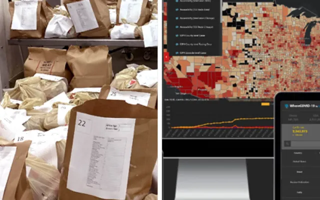 On the left are bags of food ready for pick up at the Illinois Meat Science Laboratory. On the right a detail of WhereCOVID-19 platform.