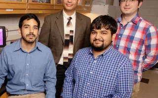 Biochemistry professor Auinash Kalsotra, second from left, and his team, including, from left, graduate students Waqar Arif, Joseph Seimetz and Sushant Bangru, uncovered the molecular underpinnings of liver regeneration. 