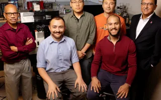 The research team includes, from left, professor Taher Saif, graduate student Onur Aydin, graduate student Xiaotian Zhang, professor Mattia Gazzola, graduate student Gelson J. Pagan-Diaz, seated, and professor and dean of the Grainger College of Engineering, Rashid Bashir. 
