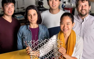 Graduate student Edmund Han, left, professor Elif Ertekin, graduate student Jaehyung Yu, professor Pinshane Y. Huang, front, and professor Arend M. van der Zande have determined how much energy it takes to bend multilayer graphene – a question that has long eluded scientists. 