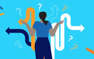 woman standing in from of arrows pointing in different directions