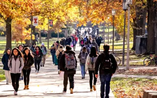 Students walk on the quad. 