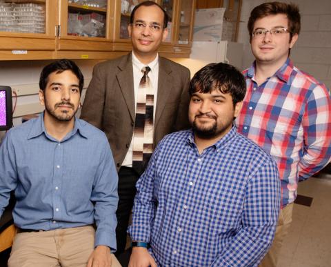 Biochemistry professor Auinash Kalsotra, second from left, and his team, including, from left, graduate students Waqar Arif, Joseph Seimetz and Sushant Bangru, uncovered the molecular underpinnings of liver regeneration.