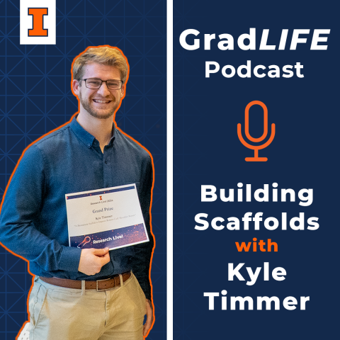 Kyle Timmer stands with an award. GradLIFE Podcast: Building Scaffolds with Kyle Timmer