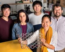 Graduate student Edmund Han, left, professor Elif Ertekin, graduate student Jaehyung Yu, professor Pinshane Y. Huang, front, and professor Arend M. van der Zande have determined how much energy it takes to bend multilayer graphene – a question that has long eluded scientists.